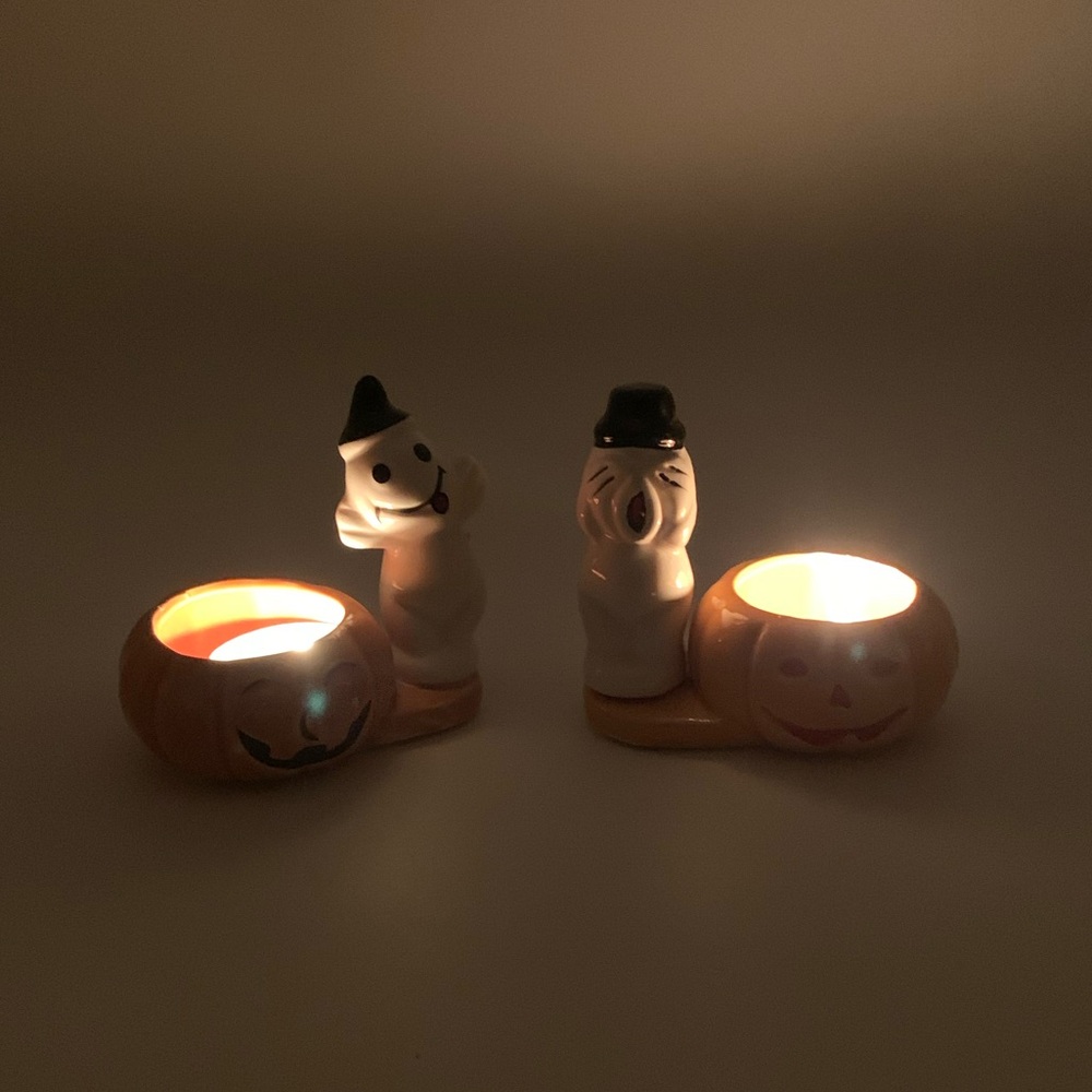 Vintage Retro 1988 Ceramic Pumpkin & Ghost Succulent Tealight Candle Holders Set - Picture 2 of 14
